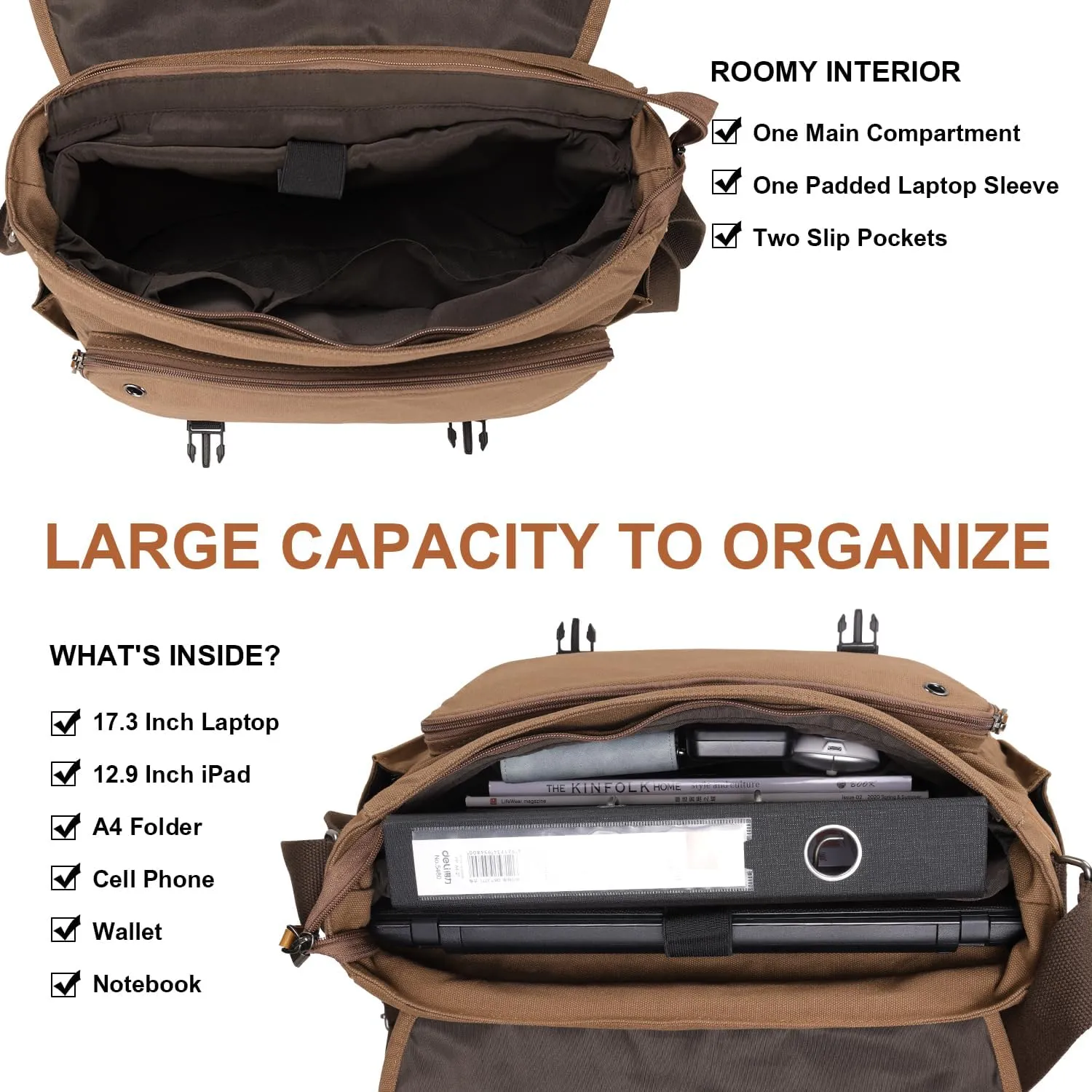 ESTARER Messenger Bag 17-17.3 Inch, Men's Computer Bag Water-resistant Canvas, Laptop Shoulder Bag for Travel Work College, Brown