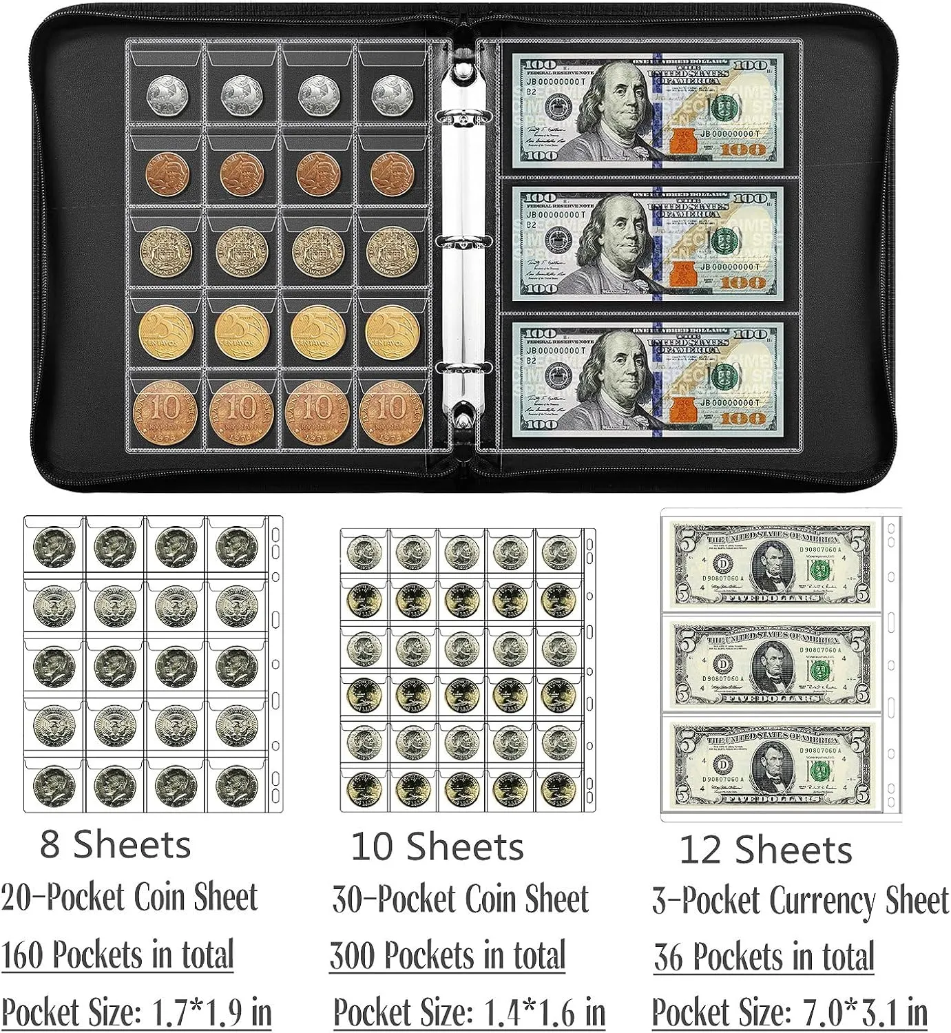 Ettonsun Fireproof Coin Collection Book Holders for Collectors, 460 Pockets Coin Organizer Sleeves Coin Album & 36 Currency Sleeves Album Money Holder Coin Storage Case for Coin Collection Supplies