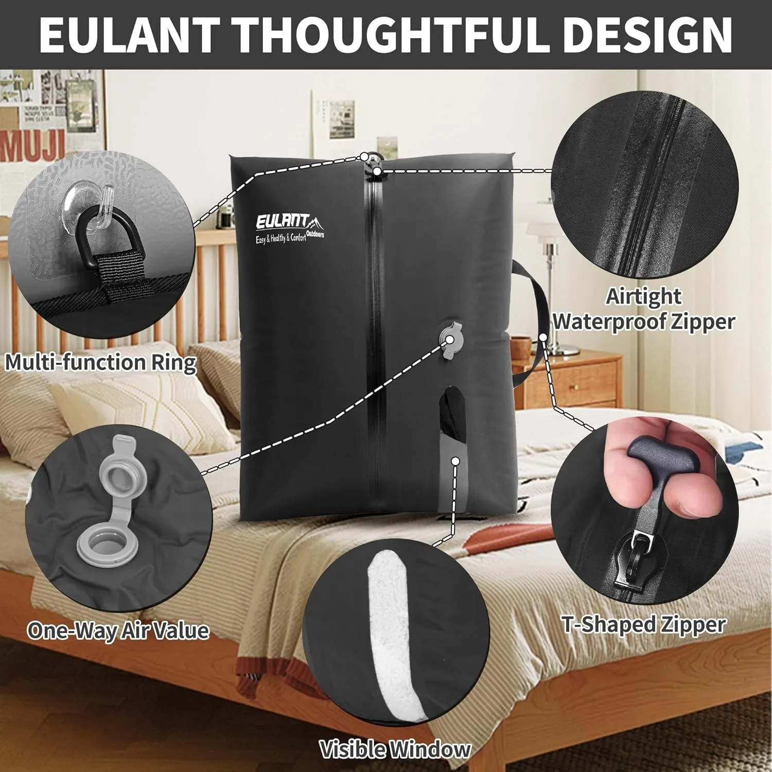 EULANT Reusable Vacuum Bags for Travel,Waterproof Professional IP67 Zipper Reusable Vacuum Compression Bags,Space Saver Bags for Suitcases Backpack(No Pump)