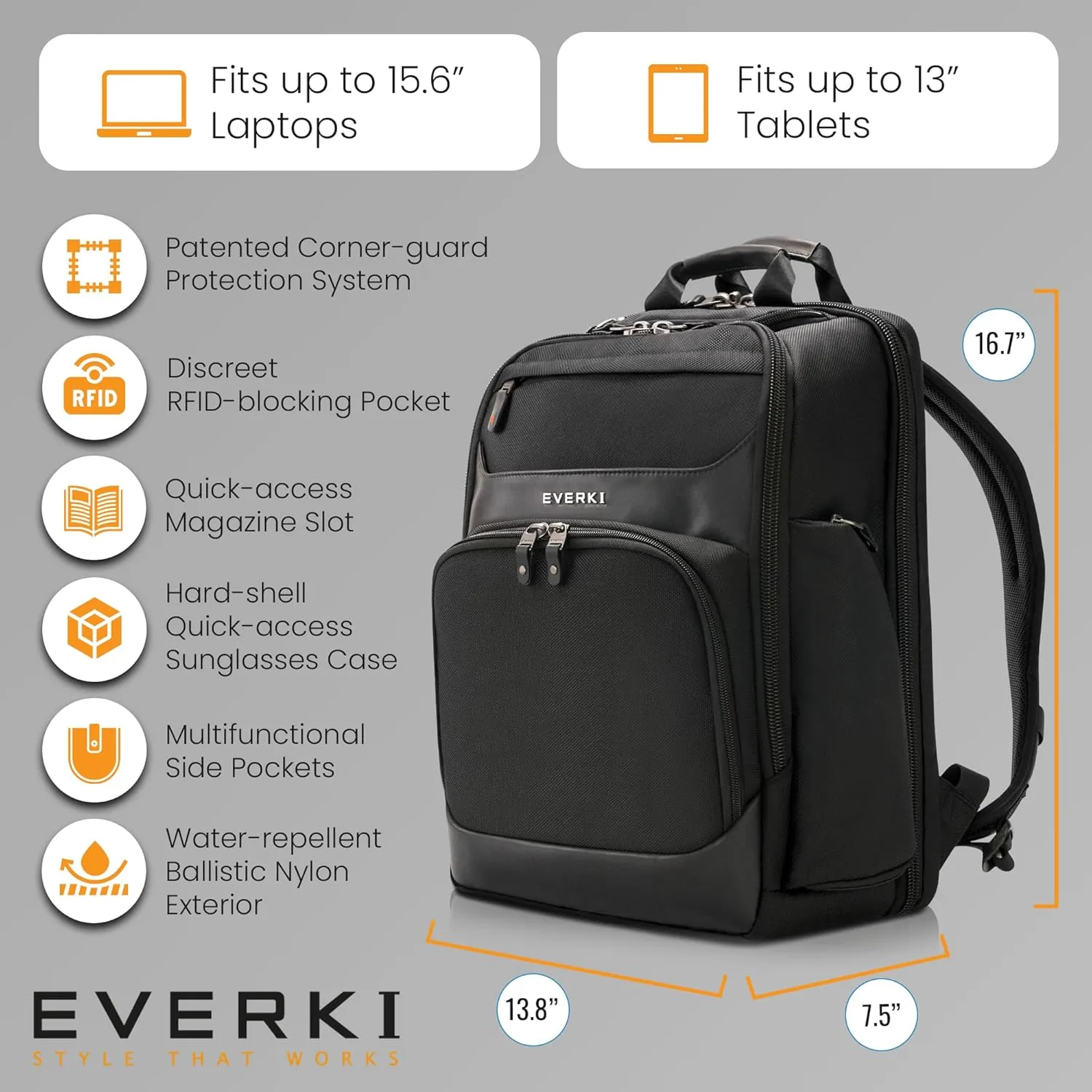 EVERKI Onyx Premium Business Executive Laptop Backpack 15.6 Inch - Ballistic Nylon and Leather Office Backpack Laptop Bag, Travel Friendly - Dedicated Compartment up to 25L Capacity (EKP132), Black