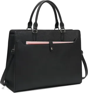 FAIME Laptop Tote Bag for Women, 15.6 Inch Computer Bag Large Work Bag for Business Office School, Leather Laptop Purse Women Shoulder Bag (Black)