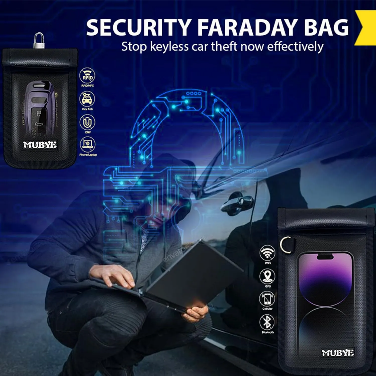 Faraday Bags, 2 Pack Faraday Cage with Key Fob Protector, Fireproof Waterproof Faraday Bag EMP Proof Signal Blocker (2000℉), Anti-Theft RFID Blocking Pouch for Phones, Car Keys, Electronics