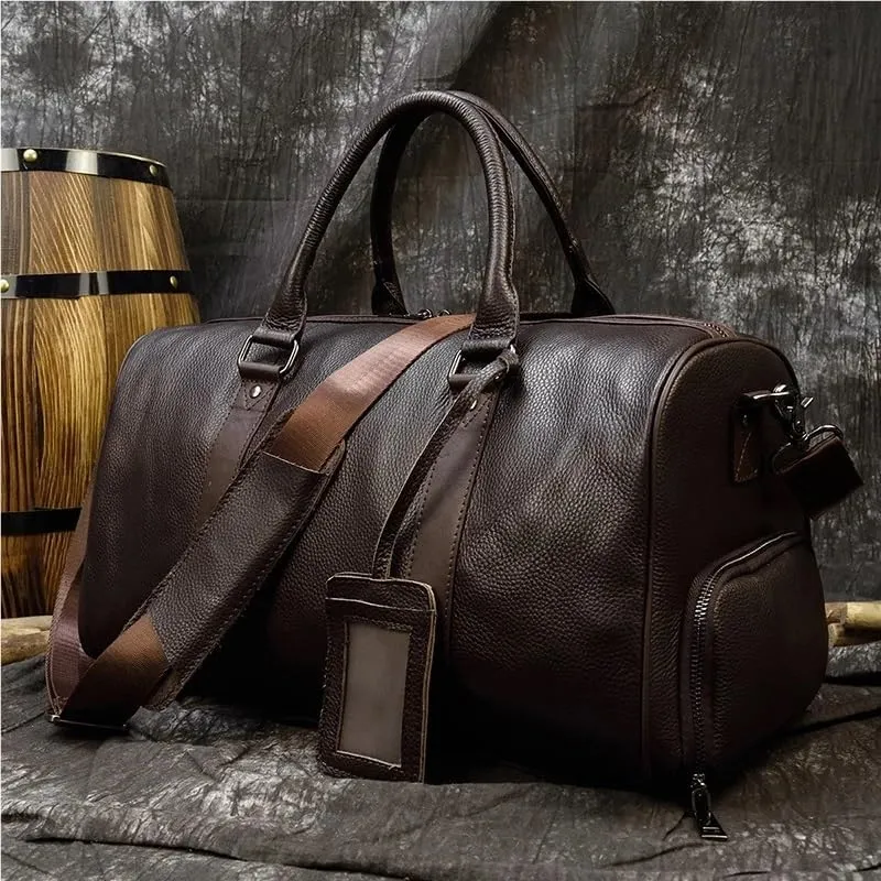 Fashion Genuine Leather Duffel Bag Big Cow Leather Men Women Business Travel Bag Black Large Shoulder Bags Weekend Luggage Bags(Brown(45cm)-laser)