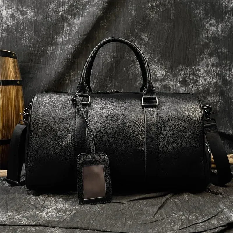 Fashion Genuine Leather Duffel Bag Big Cow Leather Men Women Business Travel Bag Black Large Shoulder Bags Weekend Luggage Bags(Brown(45cm)-laser)