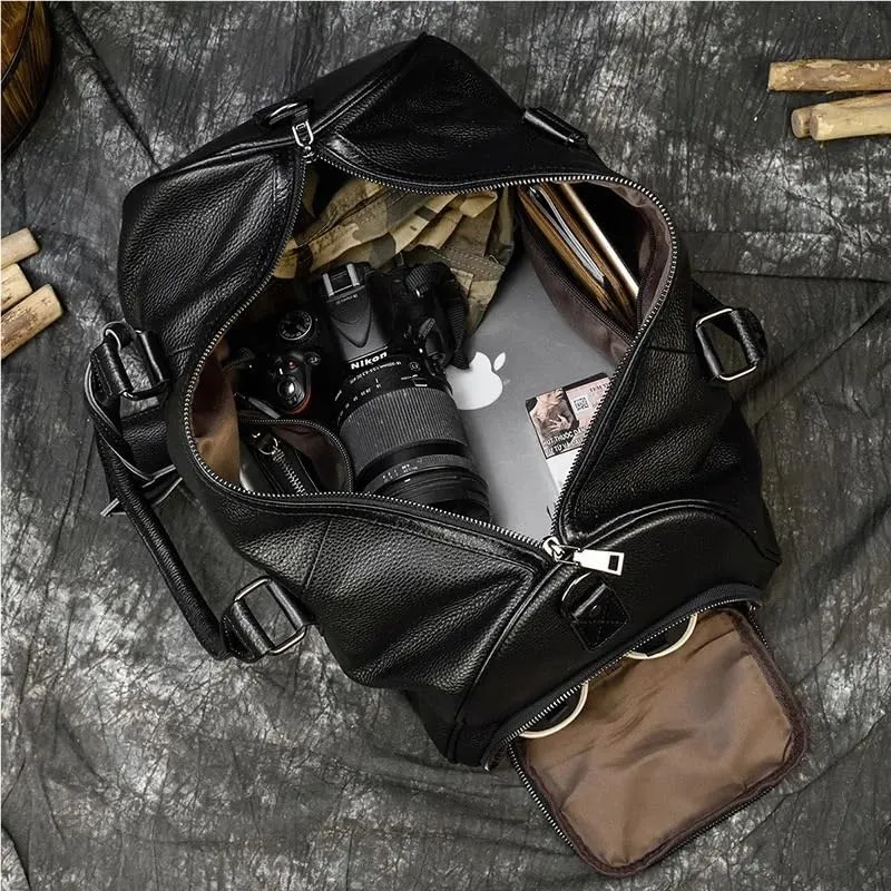 Fashion Genuine Leather Duffel Bag Big Cow Leather Men Women Business Travel Bag Black Large Shoulder Bags Weekend Luggage Bags(Brown(45cm)-laser)