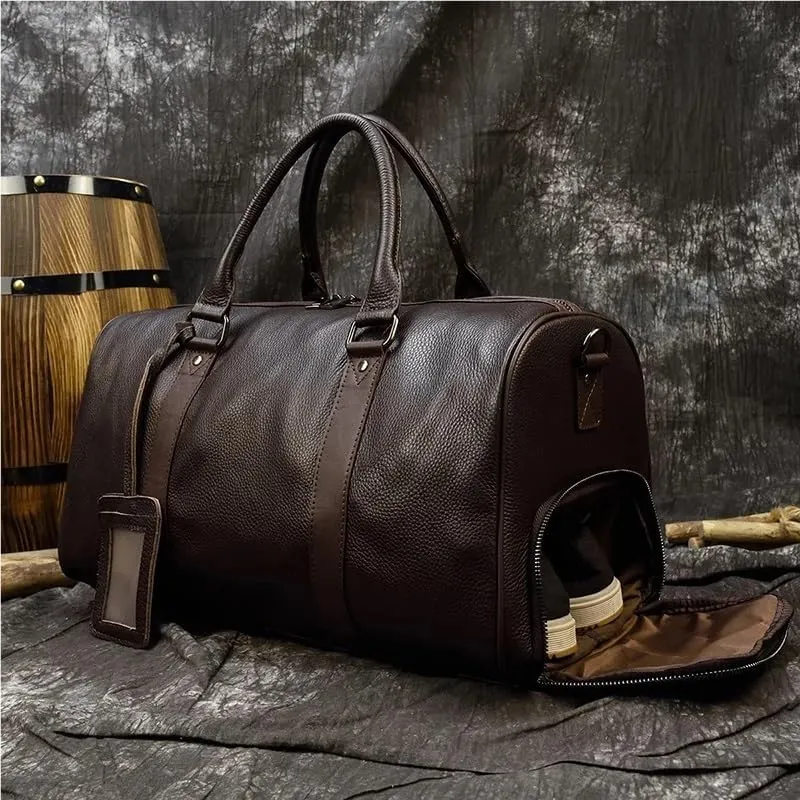 Fashion Genuine Leather Duffel Bag Big Cow Leather Men Women Business Travel Bag Black Large Shoulder Bags Weekend Luggage Bags(Brown(45cm)-laser)