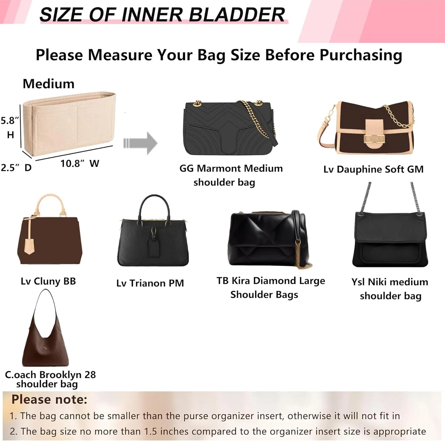 Felt Mini Purse Organizer Insert with Zipper Compatible with GG Marmont Matelasse Shoulder Bag