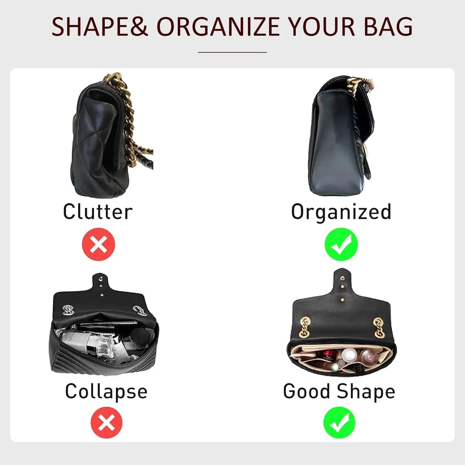 Felt Mini Purse Organizer Insert with Zipper Compatible with GG Marmont Matelasse Shoulder Bag
