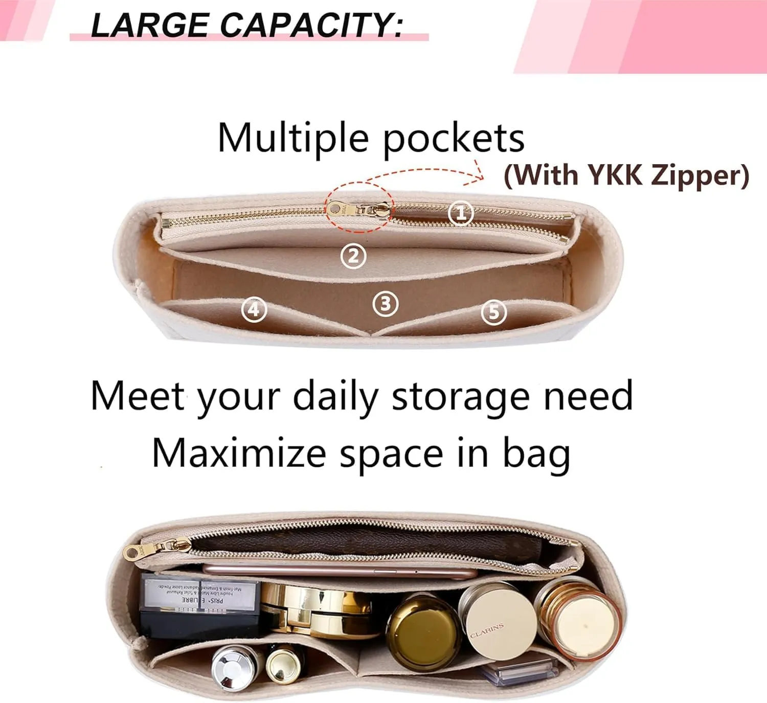 Felt Small Purse Organizer Insert with Zipper Fit GG Marmont Small Matelasse Shoulder Bag and More, Bag Insert Liner Pouch for Women Shoulder Handbag(Beige, S)