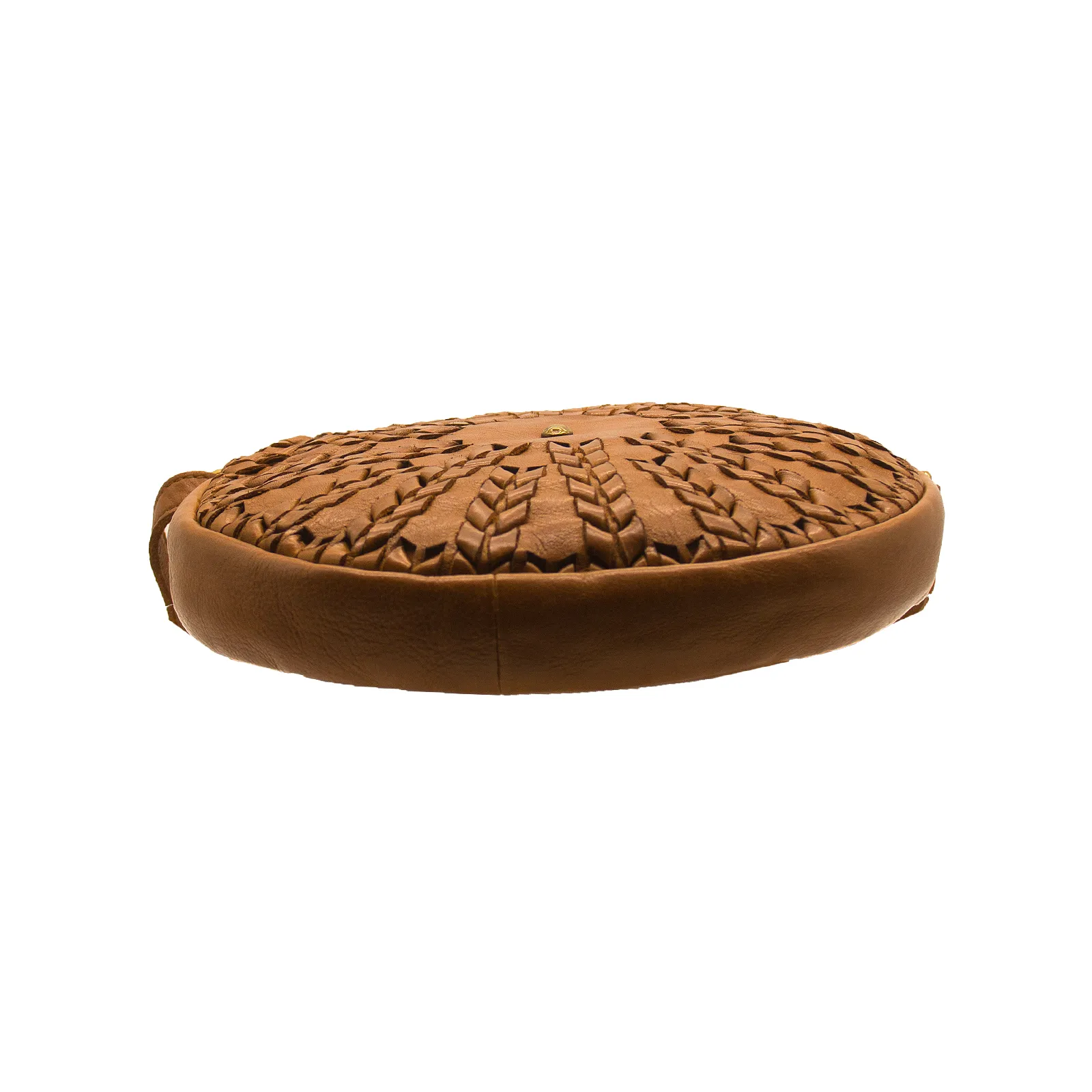 Flora Cognac Woven Leather Round Sling Bag