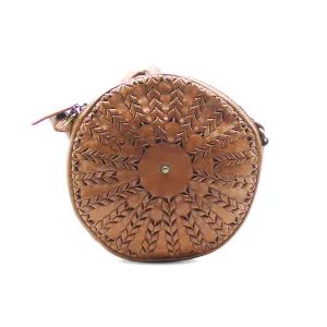 Flora Cognac Woven Leather Round Sling Bag