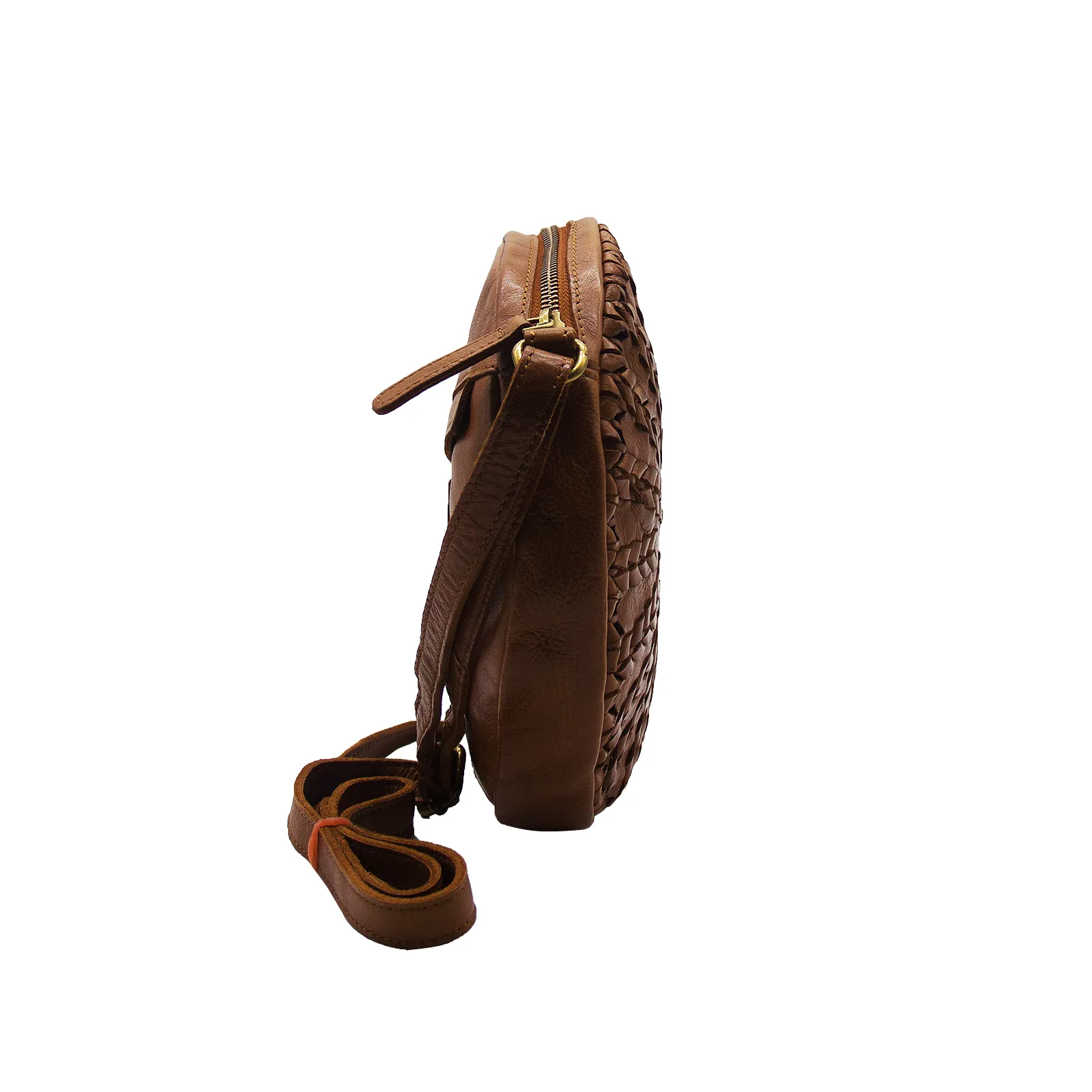 Flora Cognac Woven Leather Round Sling Bag