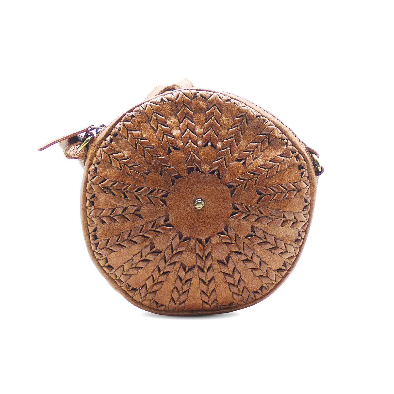 Flora Cognac Woven Leather Round Sling Bag