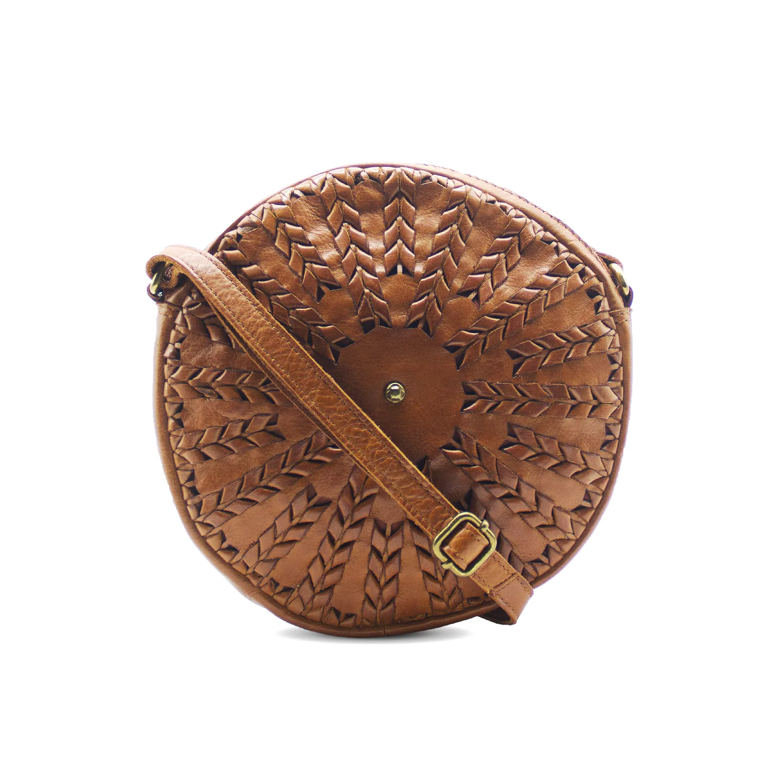 Flora Cognac Woven Leather Round Sling Bag