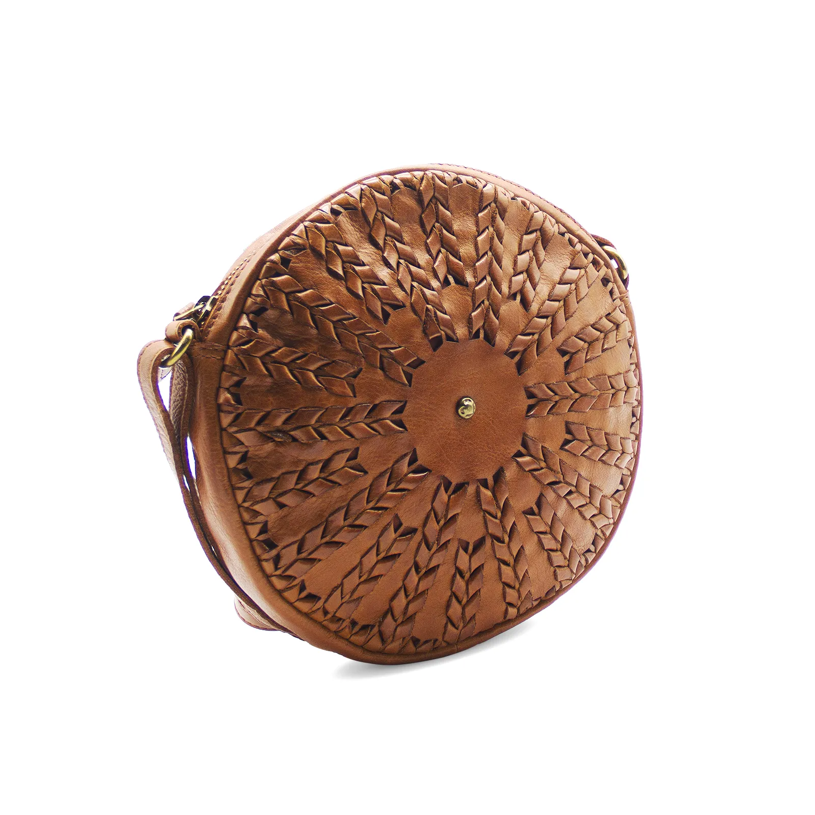 Flora Cognac Woven Leather Round Sling Bag