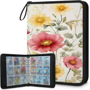 Flower Plant 3 Ring Trading Zipper Binder Strap, Trading Card Binder 4 Pocket, 400 Pockets Card Holder with 50 Removable Sleeves for Game Cards