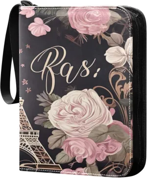 Flowers Eiffel Tower Card Binder 4 Pocket Collectible Trading Card Albums with 50 Sleeves Double Side PU Waterproof 3 Ring for Sports & Game Cards