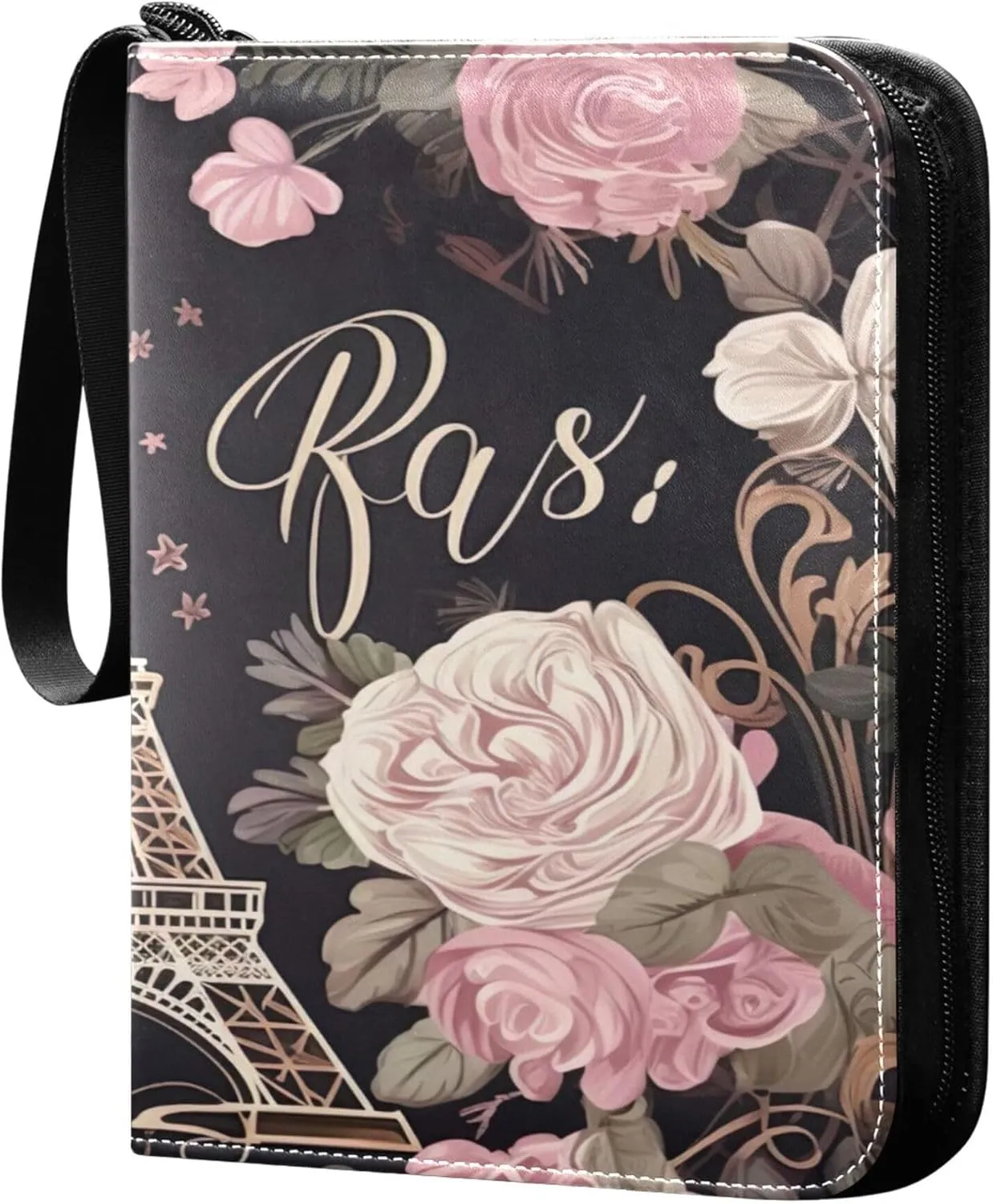 Flowers Eiffel Tower Card Binder 4 Pocket Collectible Trading Card Albums with 50 Sleeves Double Side PU Waterproof 3 Ring for Sports & Game Cards