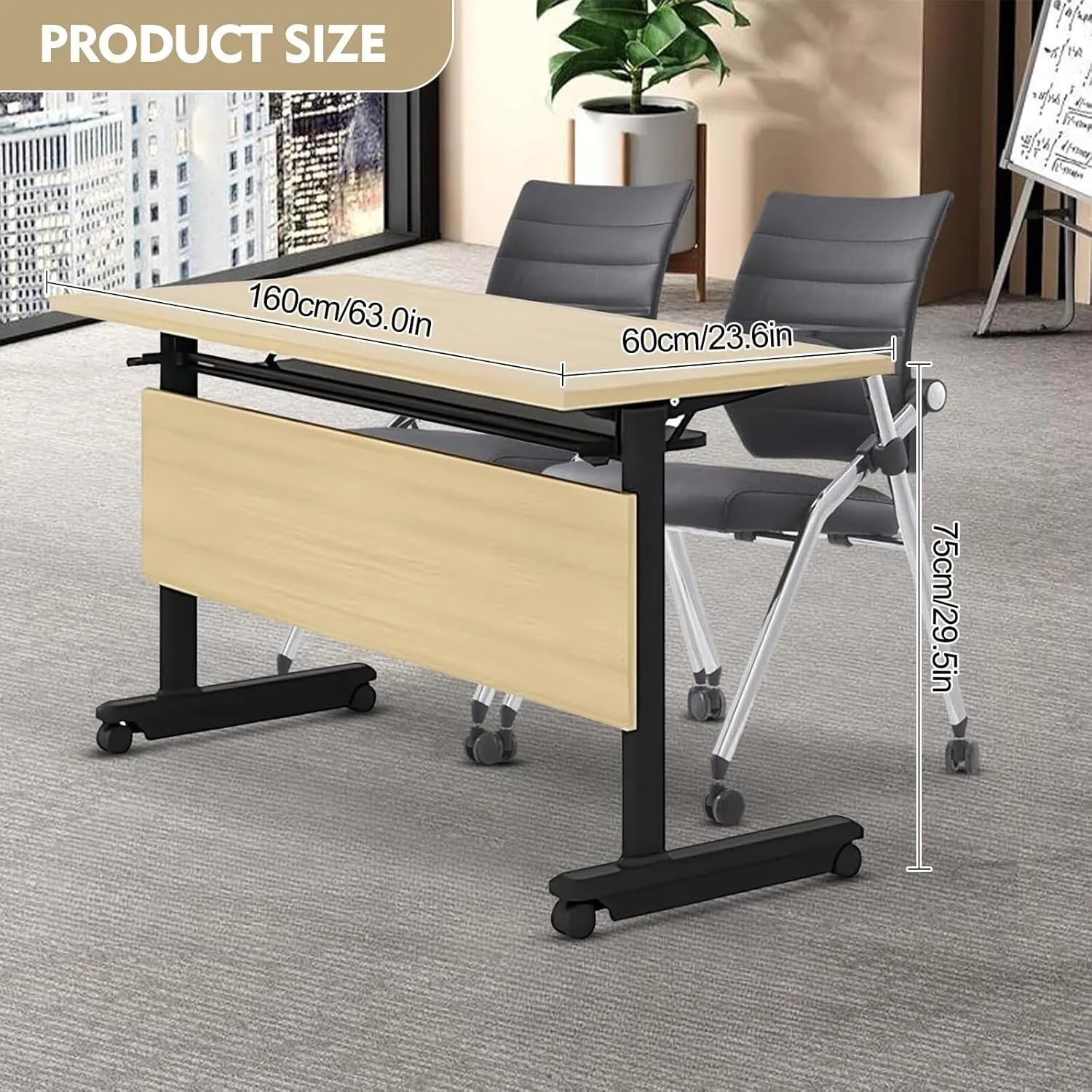 Foot Folding Table Folding Conference Table,Modern Flip Top Training Room Tables with Wheels Save Space Rectangle Office Meeting Table Computer Desk for Study Writing(4pcs,62.9in)