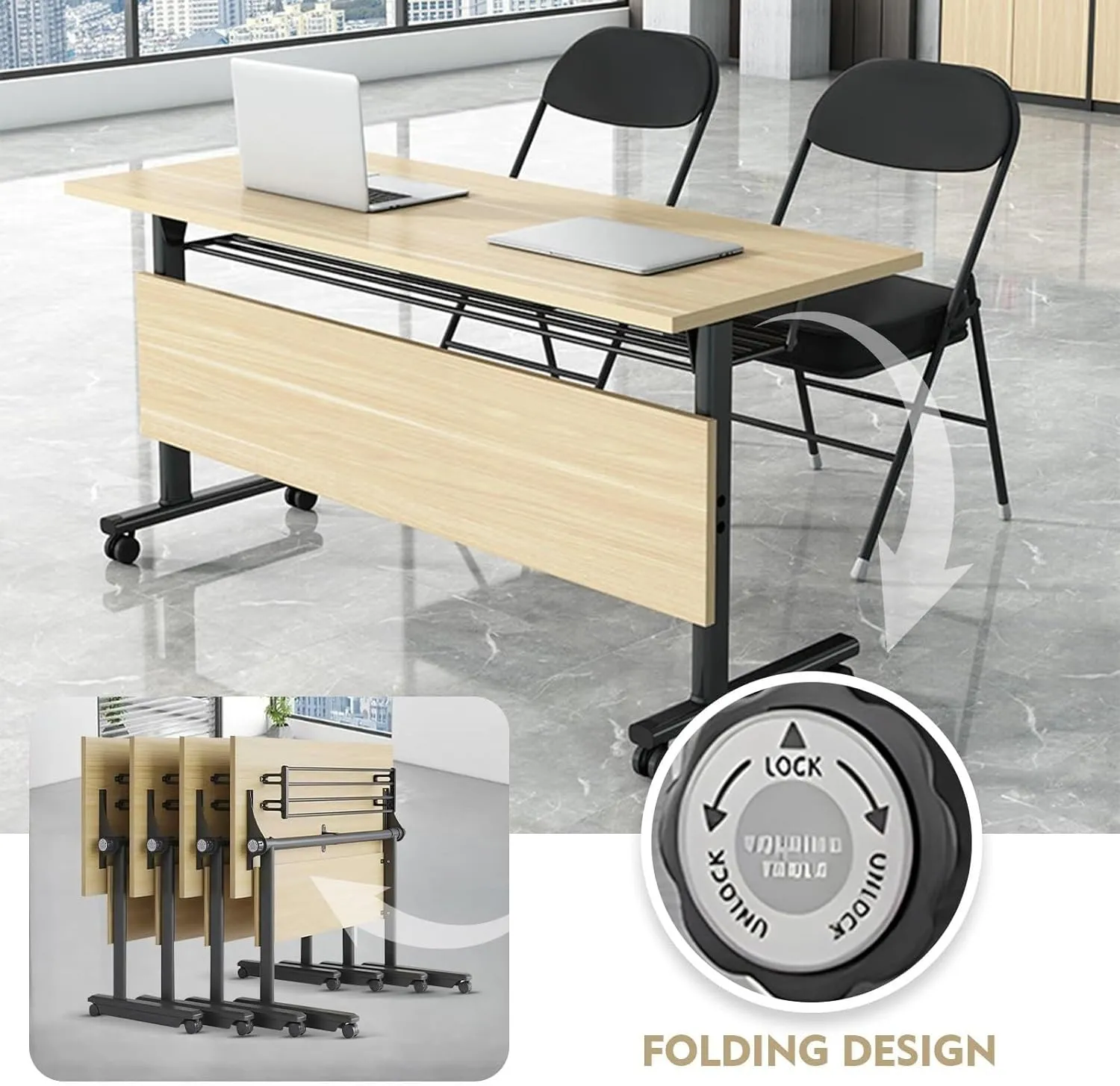 Foot Folding Table Folding Conference Table,Modern Flip Top Training Room Tables with Wheels Save Space Rectangle Office Meeting Table Computer Desk for Study Writing(4pcs,62.9in)