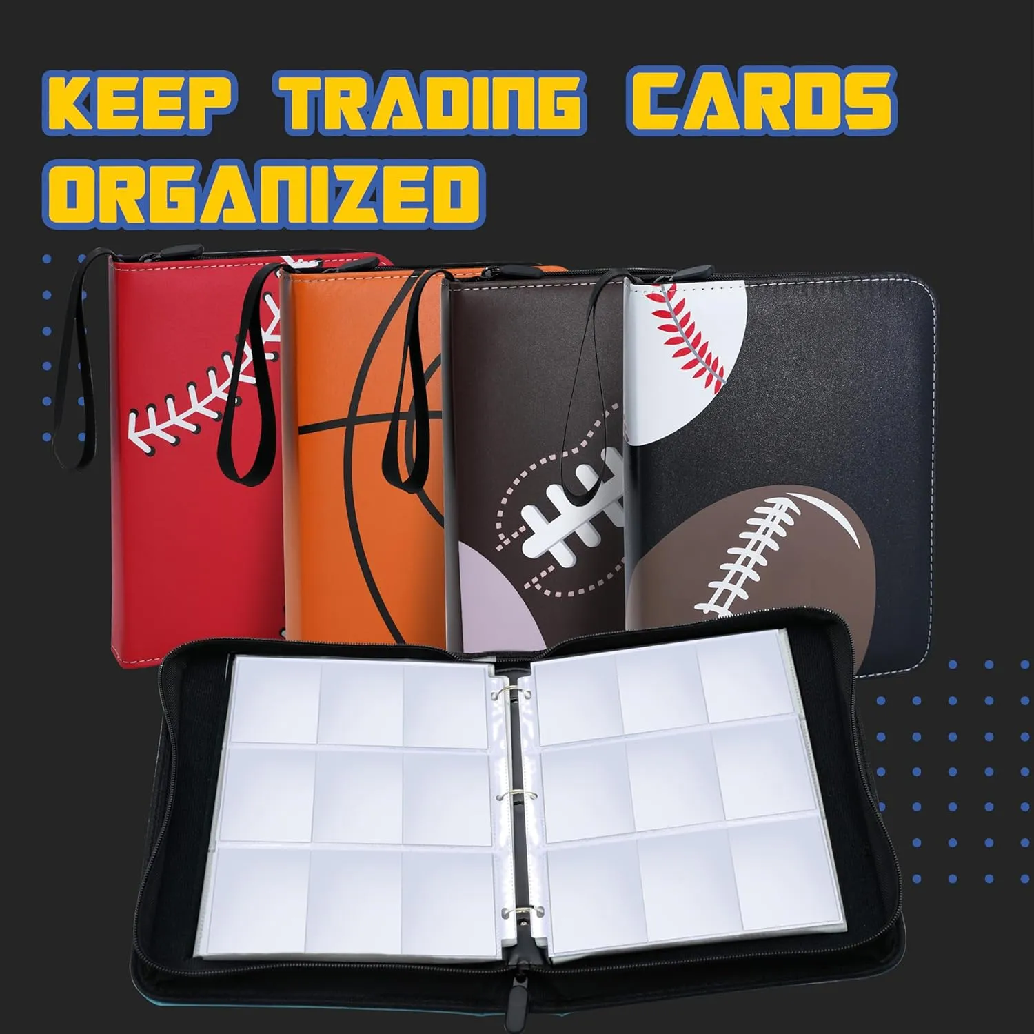 Football Card Binder, 9 Pocket Sports card binder, 720 Double Sided Pocket Waterproof Binder, Football trading cards Zip Album, Expandable, Compatible with Gaming Cards, Yugioh, MTG and Other TCG