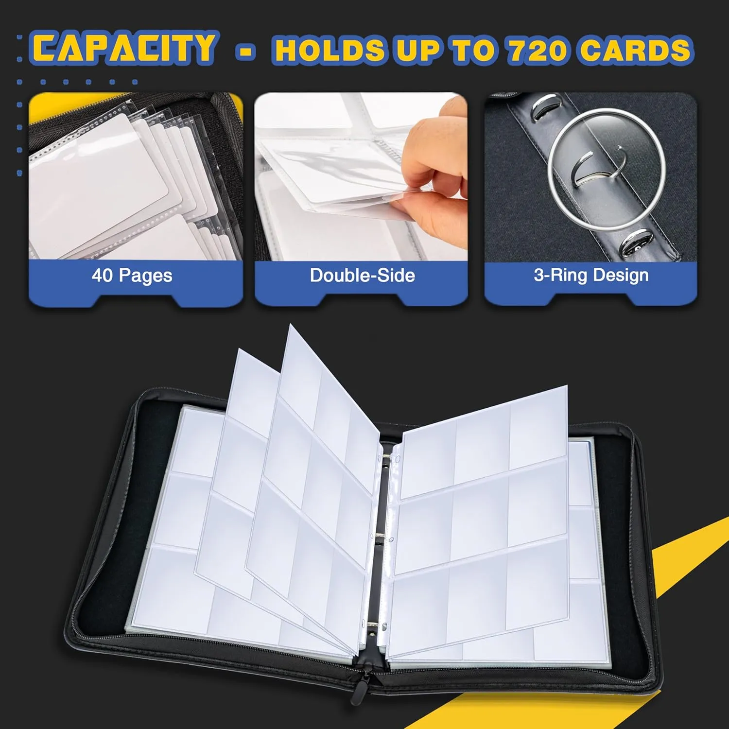 Football Card Binder, 9 Pocket Sports card binder, 720 Double Sided Pocket Waterproof Binder, Football trading cards Zip Album, Expandable, Compatible with Gaming Cards, Yugioh, MTG and Other TCG
