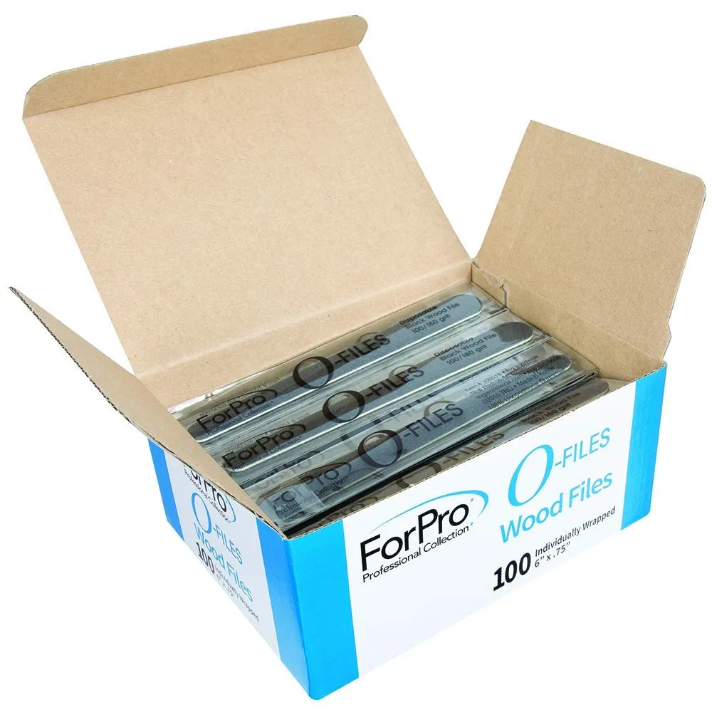 ForPro Professional Collection O-Files Wood Boards, Black, 100/180 Grit, Manicure & Pedicure Nail Files, 6” L x .75“ W, 100-Count