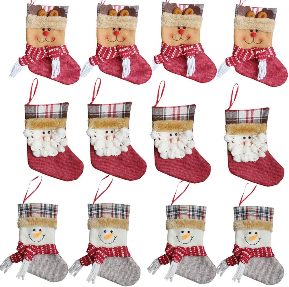 Forze Christmas 3D Decorative Socks Candy Gift Bag, Santa Snowman Reindeer Gift Card Silverware Holders 12 Pieces Mini Christmas Stockings Xmas Tree Decorations Set
