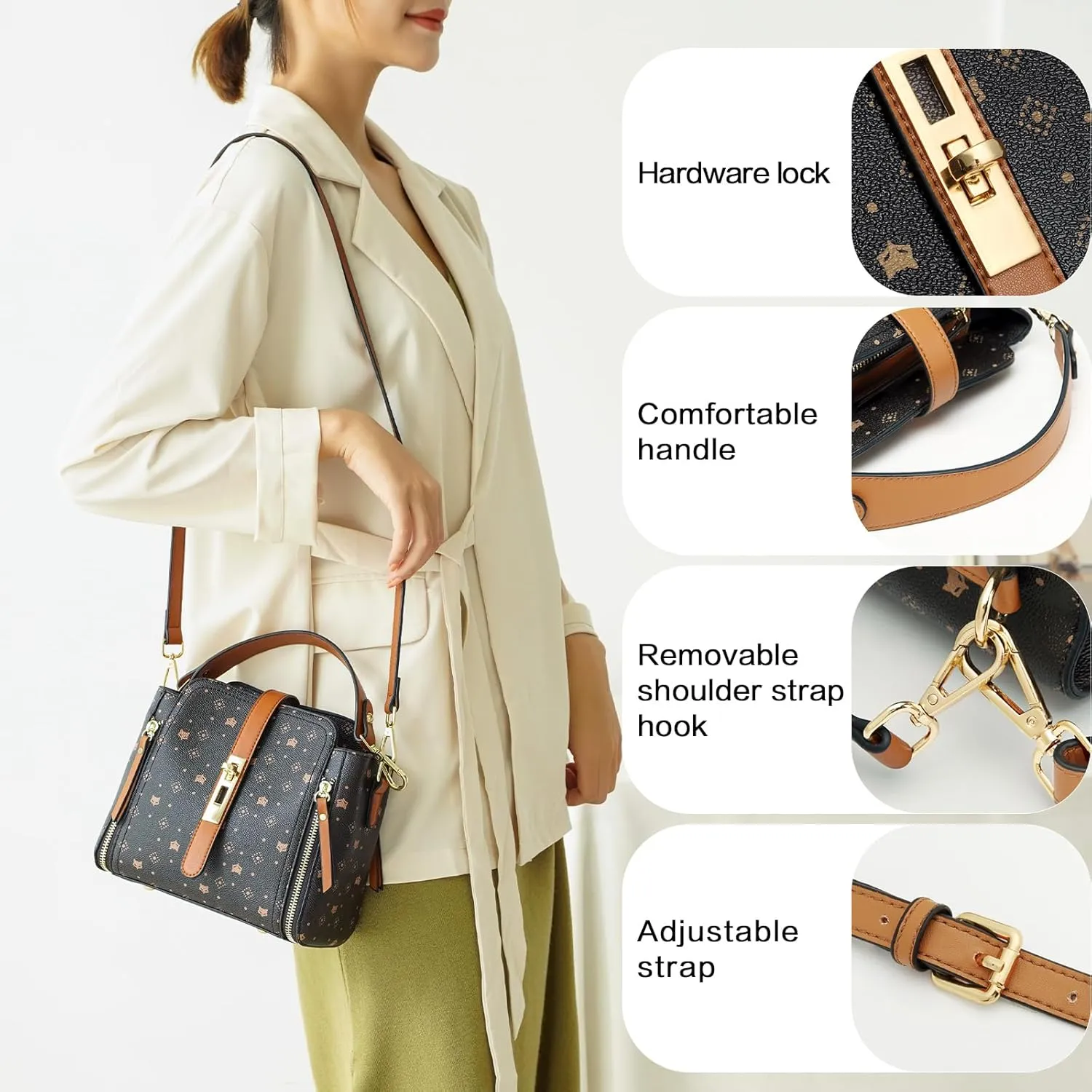 FOXLOVER Small Crossbody Bag for Women PVC Leather Detachable Strap Lightweight Twist Lock Flap