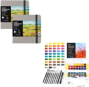 Funto Watercolor Artist Bundle, Funto Watercolor Journal, Square, Gray, Dual-Sided Cold-Pressed Paper, 5.5" x 5.5" with Watercolor Paint Set