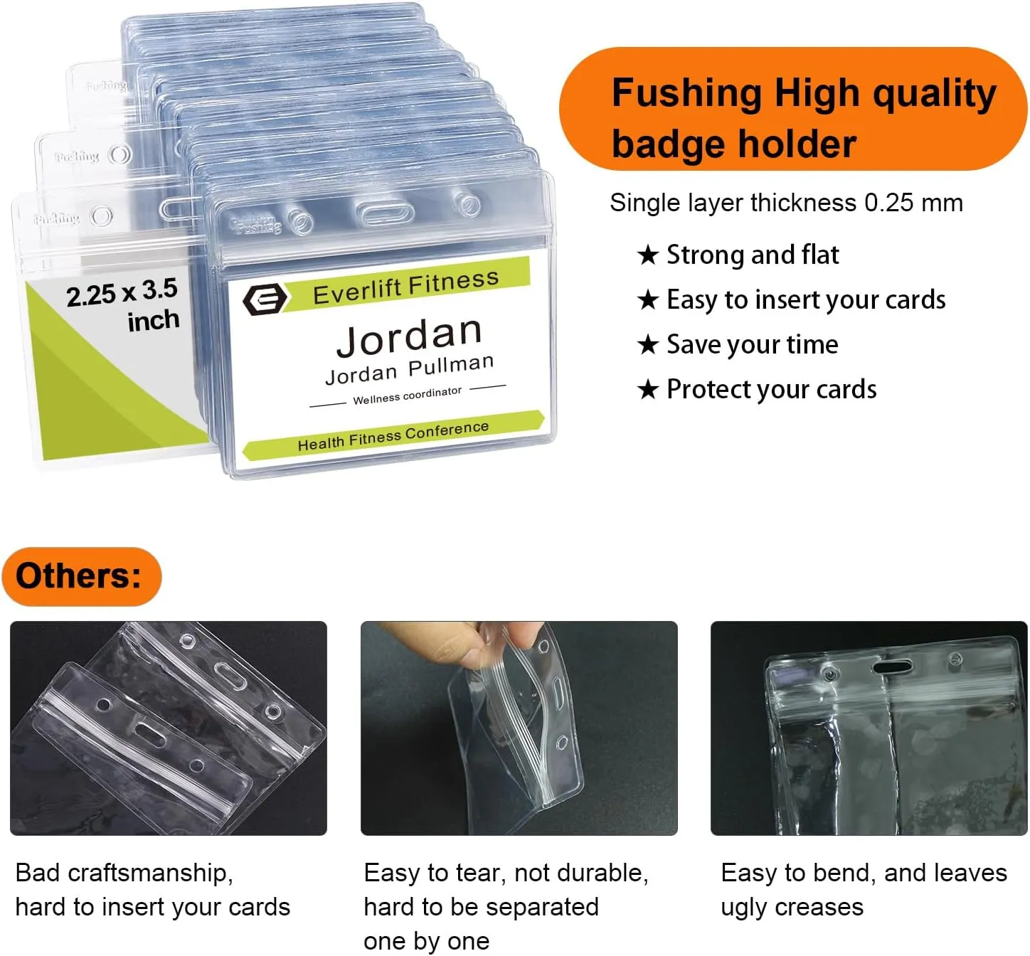Fushing 100 Pcs Clear Plastic Horizontal Name Tag Badge ID Card Holders