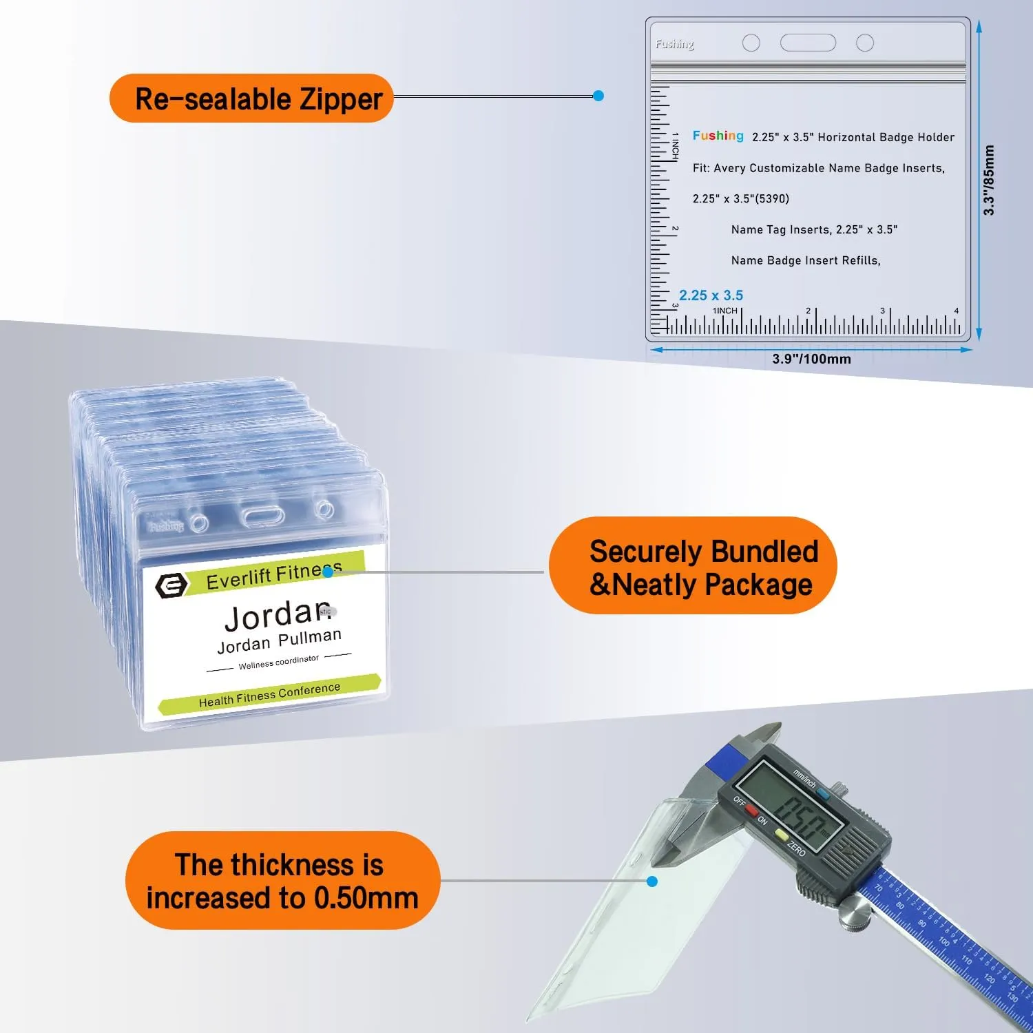 Fushing 100 Pcs Clear Plastic Horizontal Name Tag Badge ID Card Holders