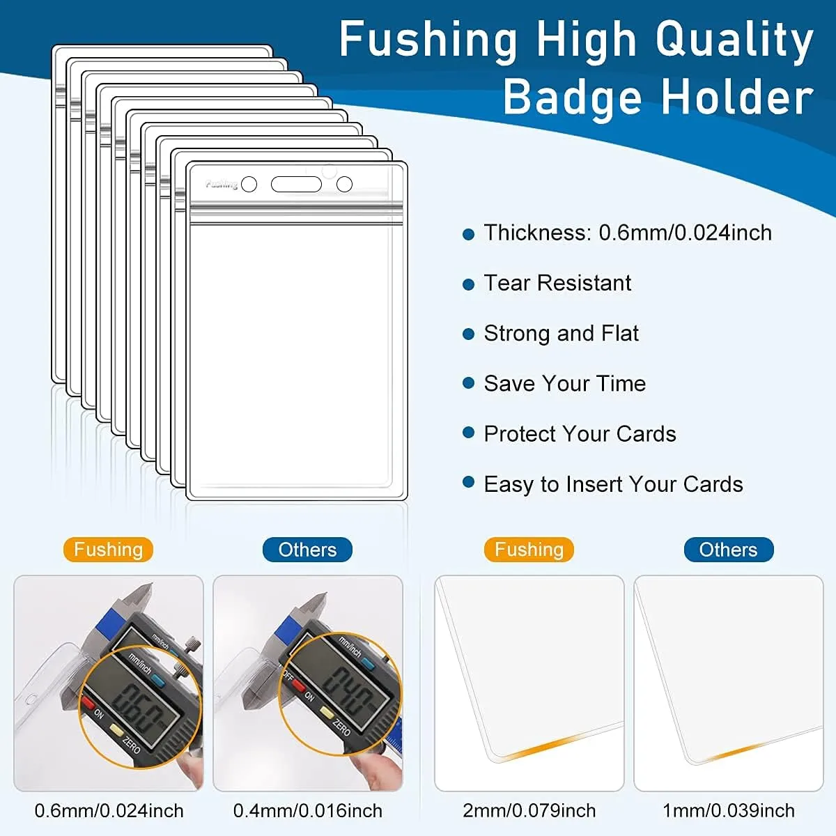 Fushing Pack of 100 Clear Plastic Vertical Badge Holders, Name Tag Holders, Card Holders (L)