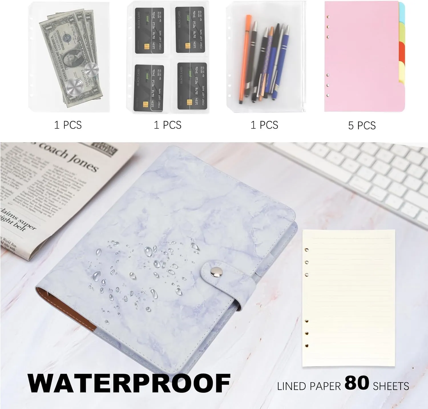 FYY Leather A5 Binder Notebook - Refillable 6 Ring Planner With Pockets, Dividers, Refill Paper - PU Leather Travel Journal Cover - Marble Blue
