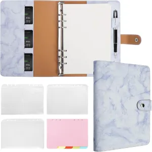 FYY Leather A5 Binder Notebook - Refillable 6 Ring Planner With Pockets, Dividers, Refill Paper - PU Leather Travel Journal Cover - Marble Blue