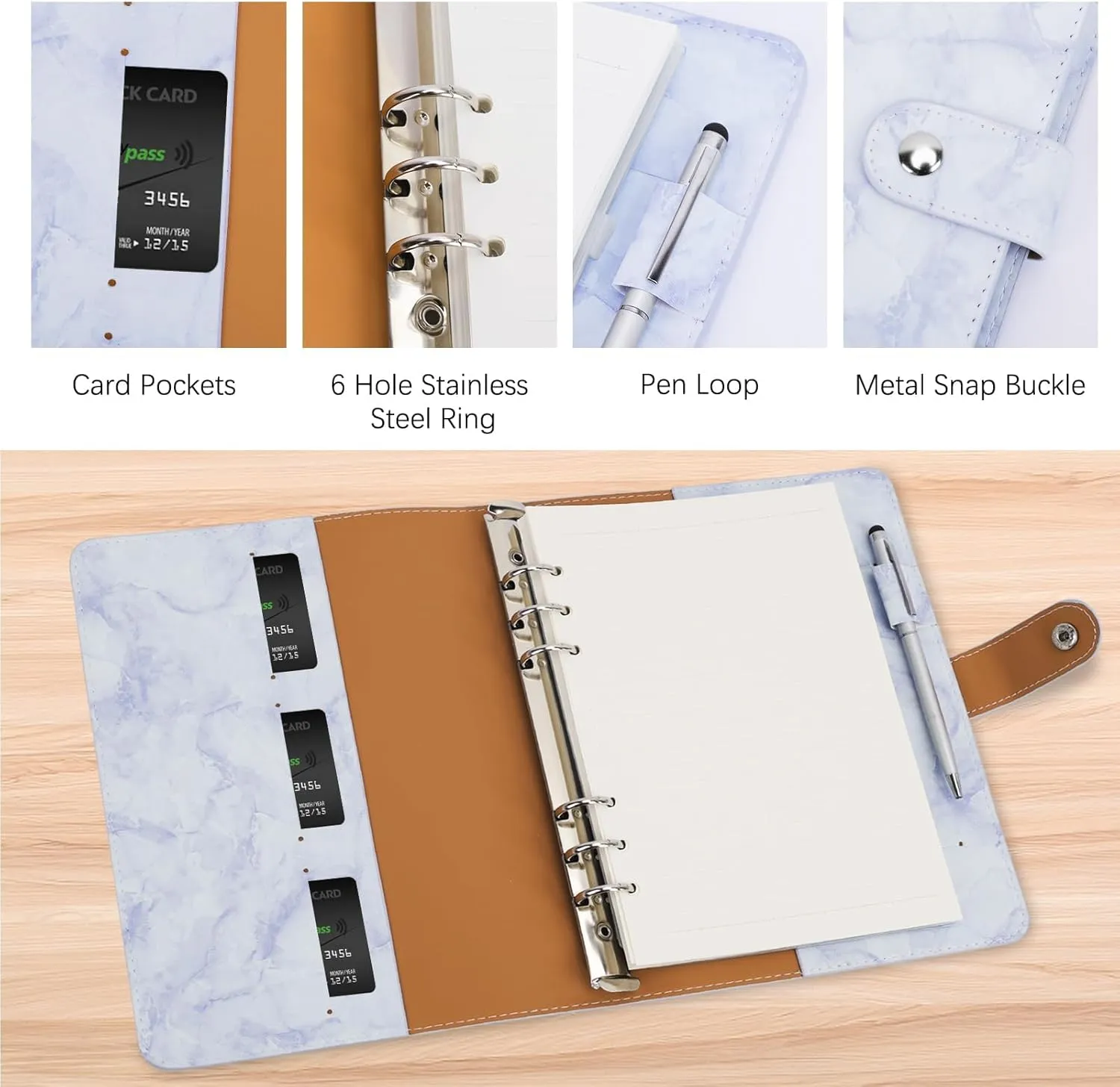 FYY Leather A5 Binder Notebook - Refillable 6 Ring Planner With Pockets, Dividers, Refill Paper - PU Leather Travel Journal Cover - Marble Blue