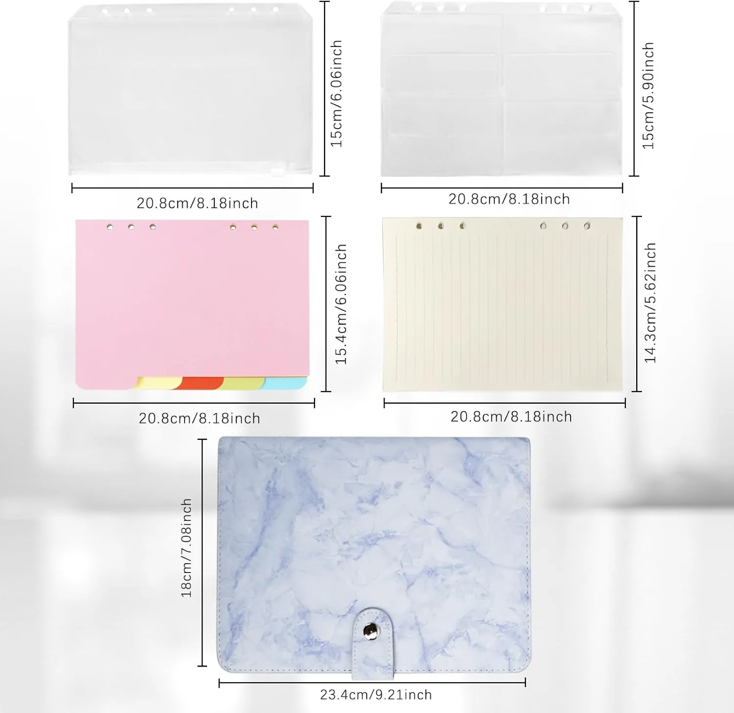 FYY Leather A5 Binder Notebook - Refillable 6 Ring Planner With Pockets, Dividers, Refill Paper - PU Leather Travel Journal Cover - Marble Blue