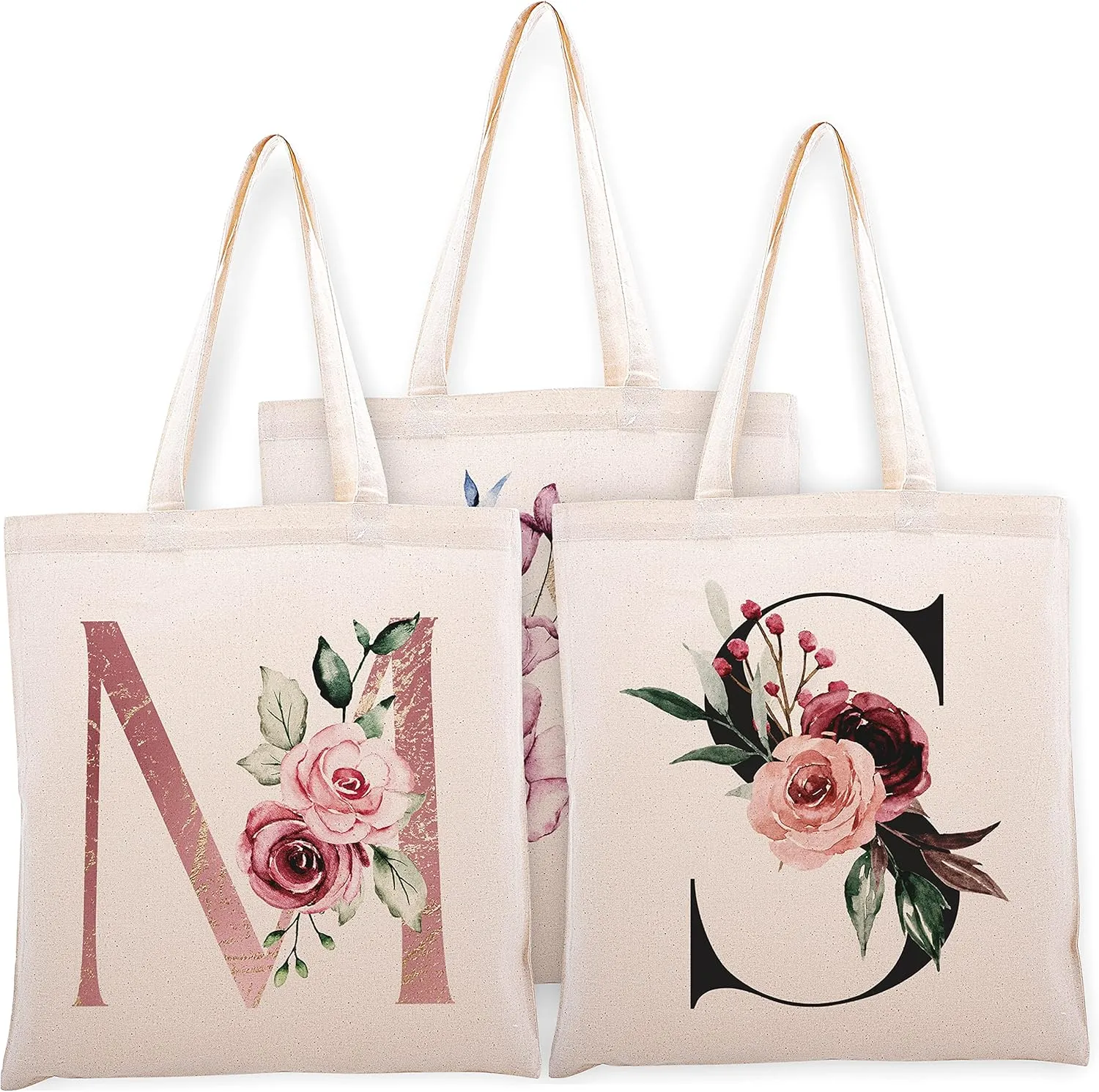 Generic Personalized Initial Tote Bags for Women - 5 Color Options Customized Floral Bag Wedding Bridal Shower Bachelorette Party Custom Canvas Shoulder Totes Girl Christmas Gift C2, Beige, Medium