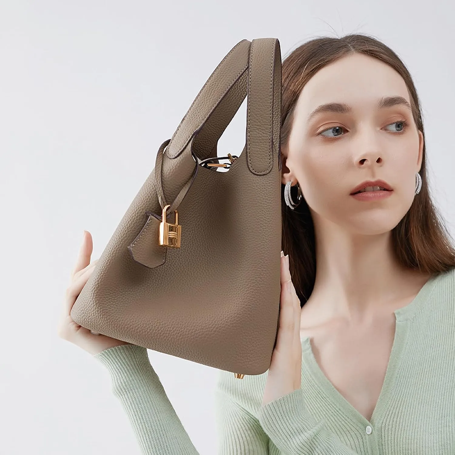 Genuine Leather Bucket Bags For Women Wallet Satchels Handbag With Lock Design Daily Casual Soft Shoulder Bag