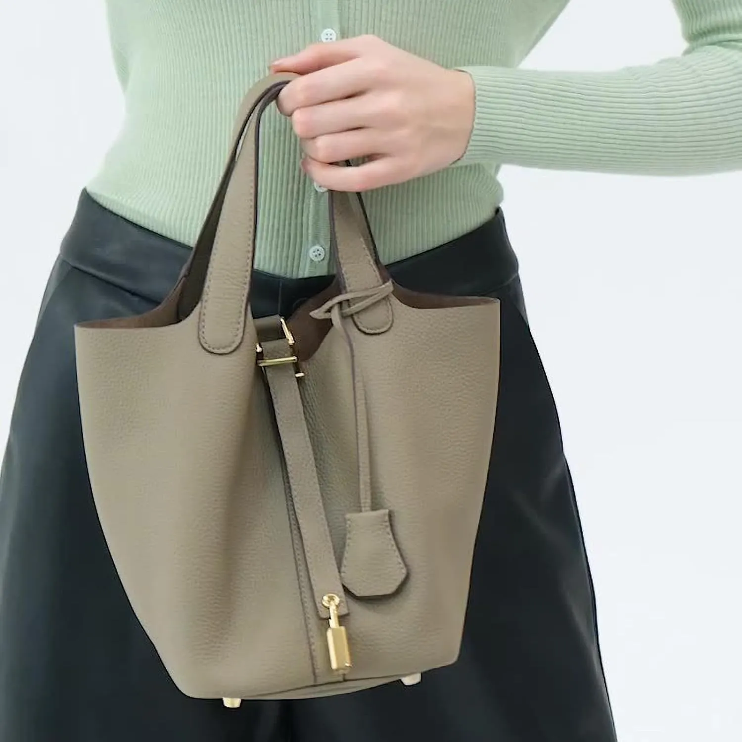 Genuine Leather Bucket Bags For Women Wallet Satchels Handbag With Lock Design Daily Casual Soft Shoulder Bag