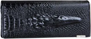 Genuine Leather Purse Wallet Ladies Crocodile Long Clutch Wallets Women Female Coin Purses Holders (Black)
