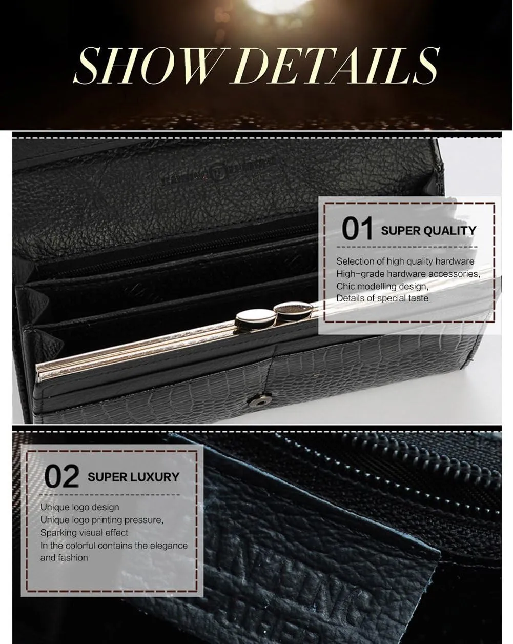 Genuine Leather Purse Wallet Ladies Crocodile Long Clutch Wallets Women Female Coin Purses Holders (Black)