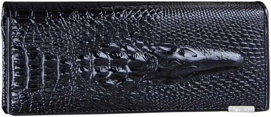 Genuine Leather Purse Wallet Ladies Crocodile Long Clutch Wallets Women Female Coin Purses Holders (Black)
