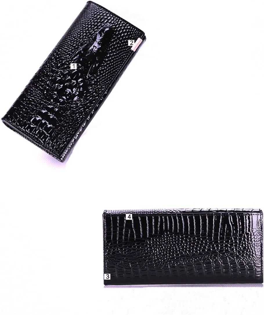 Genuine Leather Purse Wallet Ladies Crocodile Long Clutch Wallets Women Female Coin Purses Holders (Black)