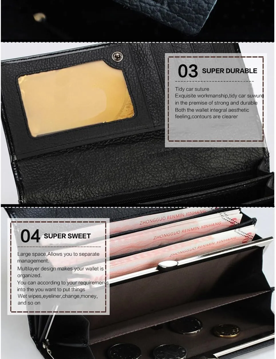 Genuine Leather Purse Wallet Ladies Crocodile Long Clutch Wallets Women Female Coin Purses Holders (Black)