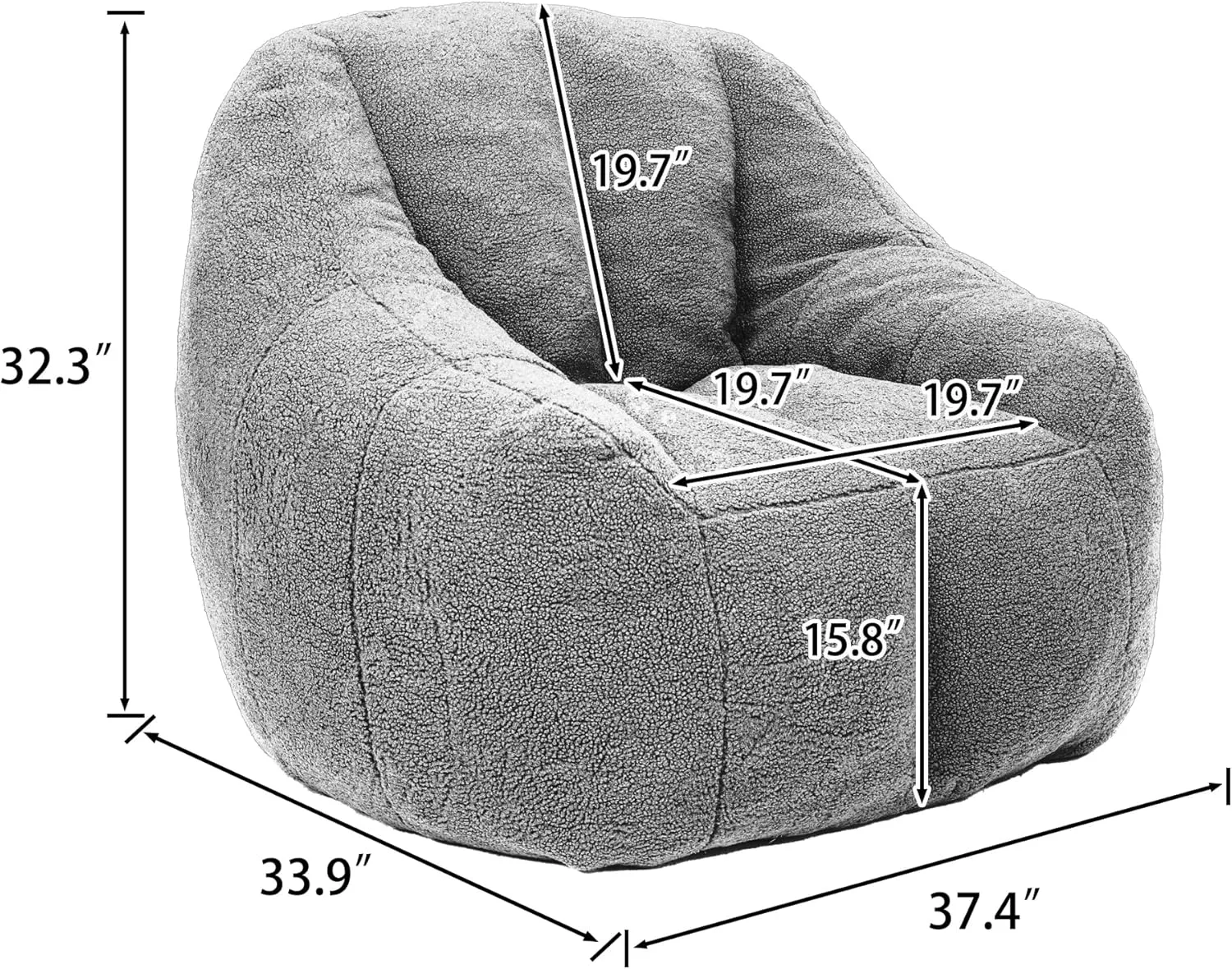 Giant Bean Bag Chair with Memory Foam Filler, Faux Fur Sofa for Adults - Ergonomic Design, Fluffy Lounge Seat for Living Room, Dorm, Office & Gaming - 37.4'' (White)