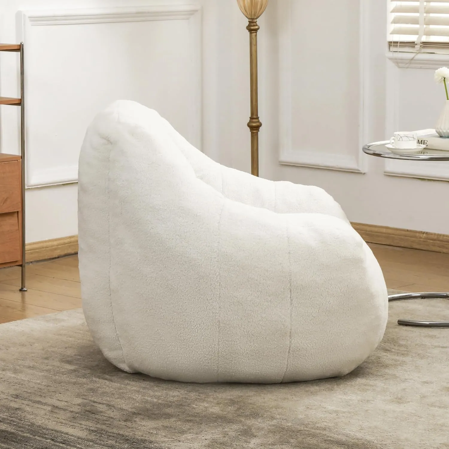 Giant Bean Bag Chair with Memory Foam Filler, Faux Fur Sofa for Adults - Ergonomic Design, Fluffy Lounge Seat for Living Room, Dorm, Office & Gaming - 37.4'' (White)