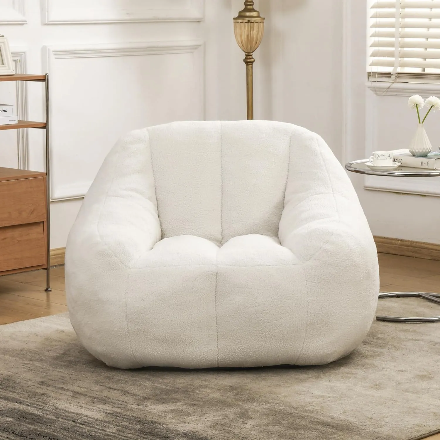 Giant Bean Bag Chair with Memory Foam Filler, Faux Fur Sofa for Adults - Ergonomic Design, Fluffy Lounge Seat for Living Room, Dorm, Office & Gaming - 37.4'' (White)