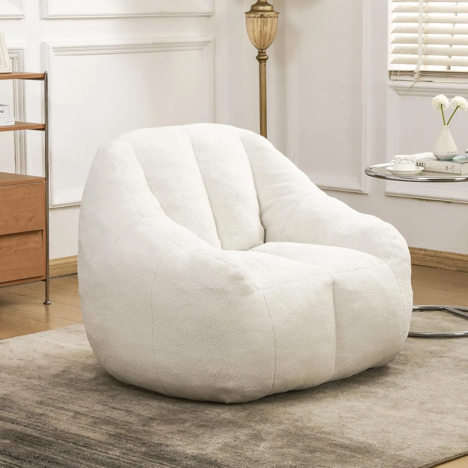 Giant Bean Bag Chair with Memory Foam Filler, Faux Fur Sofa for Adults - Ergonomic Design, Fluffy Lounge Seat for Living Room, Dorm, Office & Gaming - 37.4'' (White)