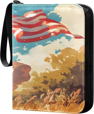 Girl Holding American Flag Card Binder 4 Pocket Collectible Trading Card Albums with 50 Sleeves Double Side PU Waterproof 3 Ring for Sports & Game Cards